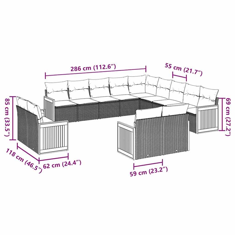vidaXL 13 Piece Solid Acacia Wood Sofa Set in Black/White/Cream