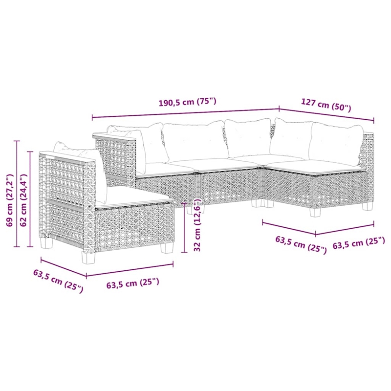 vidaXL 5 Piece Solid Acacia Wood Sofa Set in White/Cream/Beige