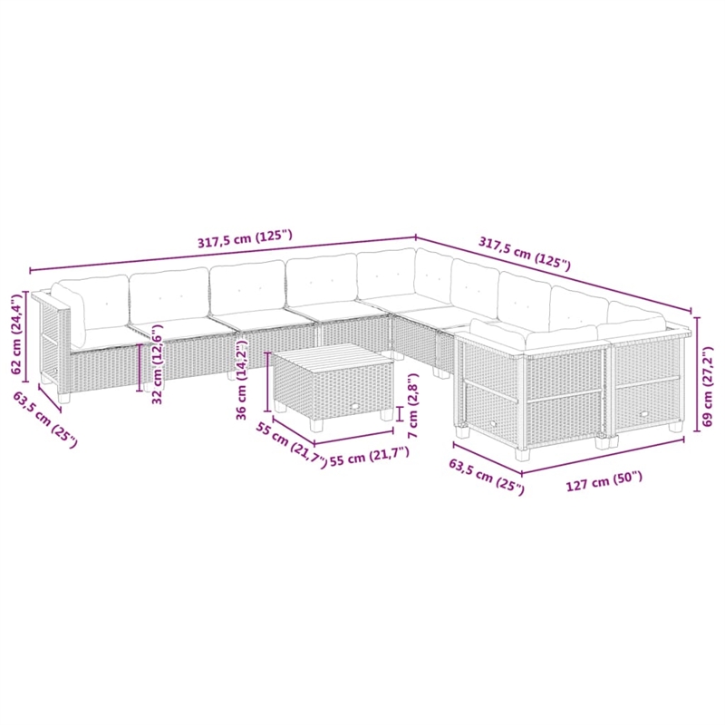 vidaXL 11 Piece Steel Sofa Set in Black/White/Cream