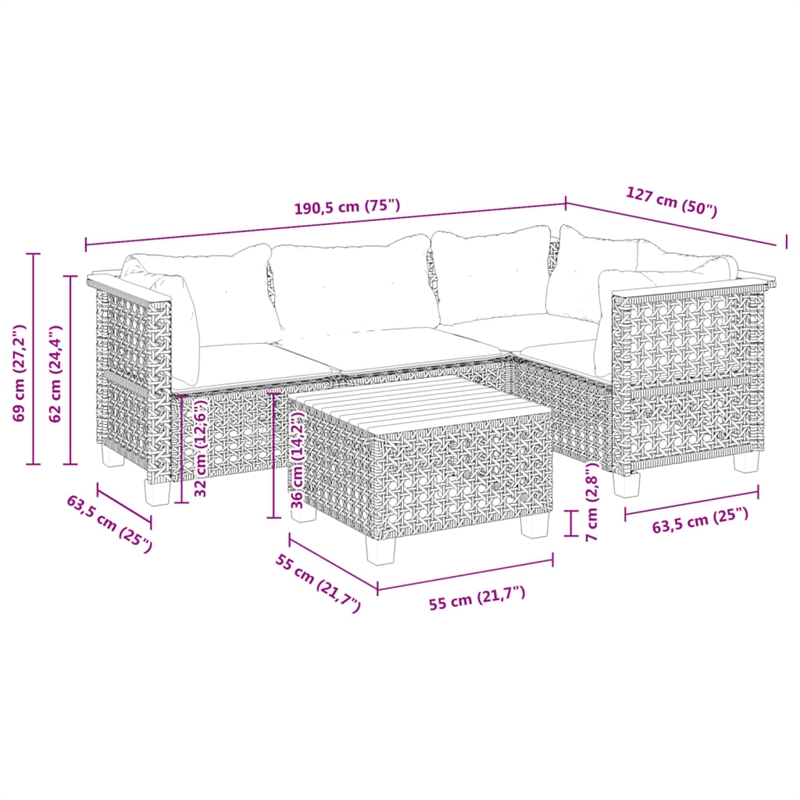 vidaXL 5 Piece Solid Acacia Wood Sofa Set in Black