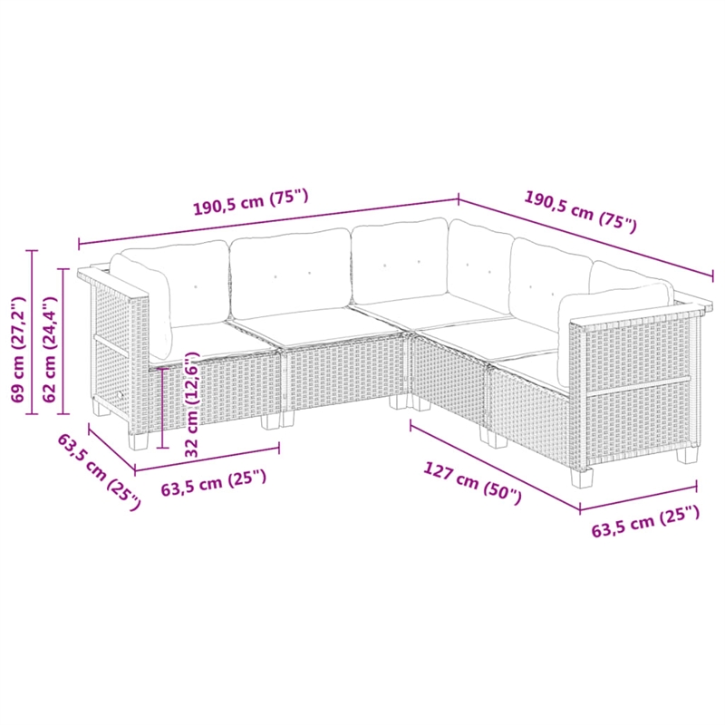 vidaXL 5 Piece Steel Sofa Set in Black/White/Cream