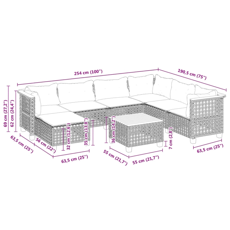 vidaXL 8 Piece Solid Acacia Wood Large Sofa Set in Black/White/Cream