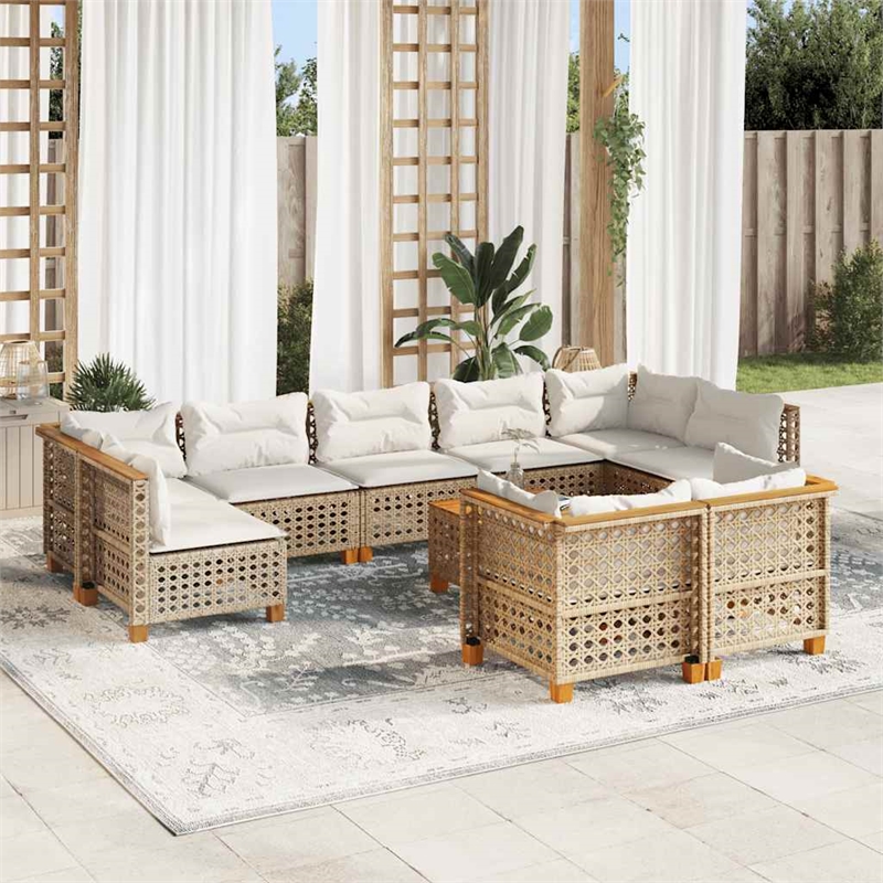 vidaXL 10 Piece Solid Acacia Wood Sofa Set in White/Cream/Beige
