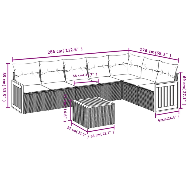 vidaXL 8 Piece Solid Acacia Wood Large Sofa Set in Black/White/Cream