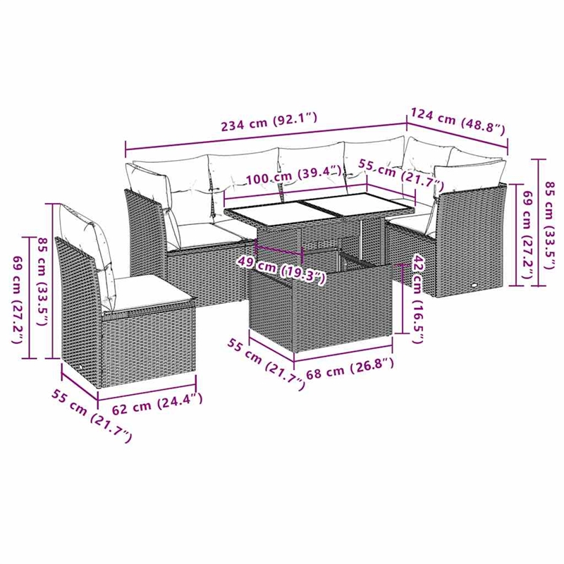 vidaXL 7 Piece Steel Sofa Set in Black/White/Cream