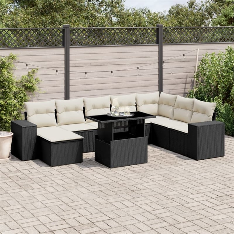 vidaXL 9 Piece Poly Rattan Sofa Set in Black/White/Cream