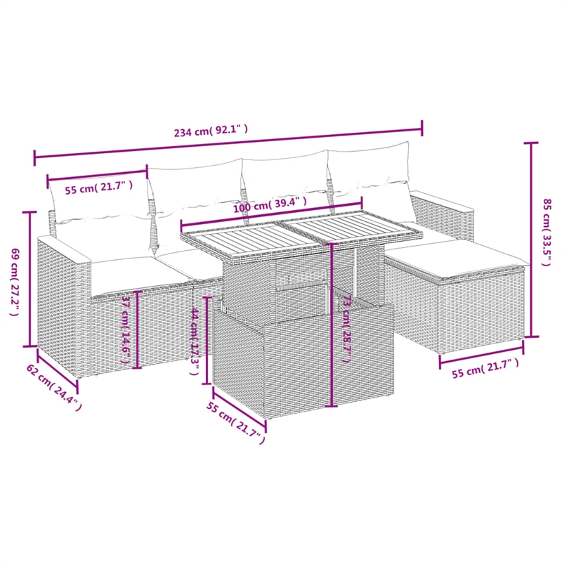 vidaXL 6 Piece Solid Acacia Wood Large Sofa Set in Black