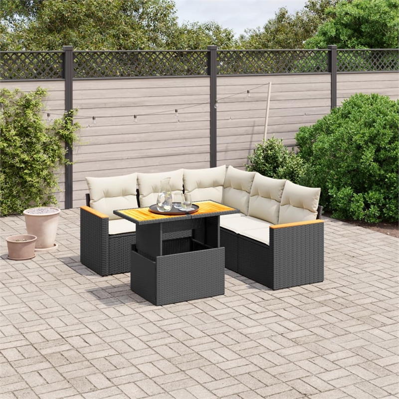 vidaXL 6 Piece Solid Acacia Wood Sofa Set in Black/Cream