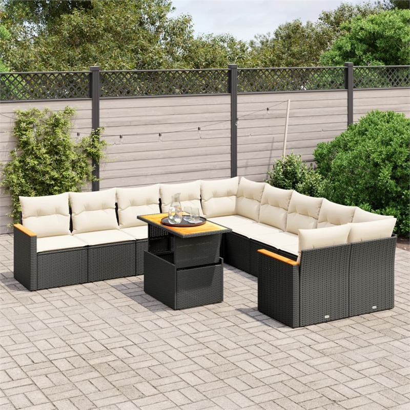 vidaXL 11 Piece Solid Acacia Wood Sofa Set in Black/White/Cream