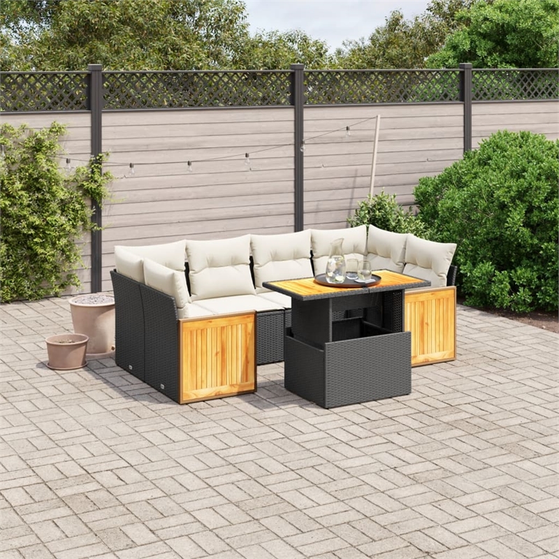 vidaXL 7 Piece Solid Acacia Wood Sofa Set in Black/White/Cream