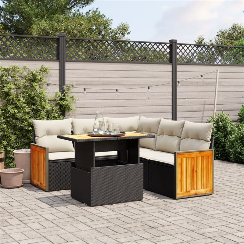 vidaXL 6 Piece Solid Acacia Wood Large Sofa Set in Black/White/Cream