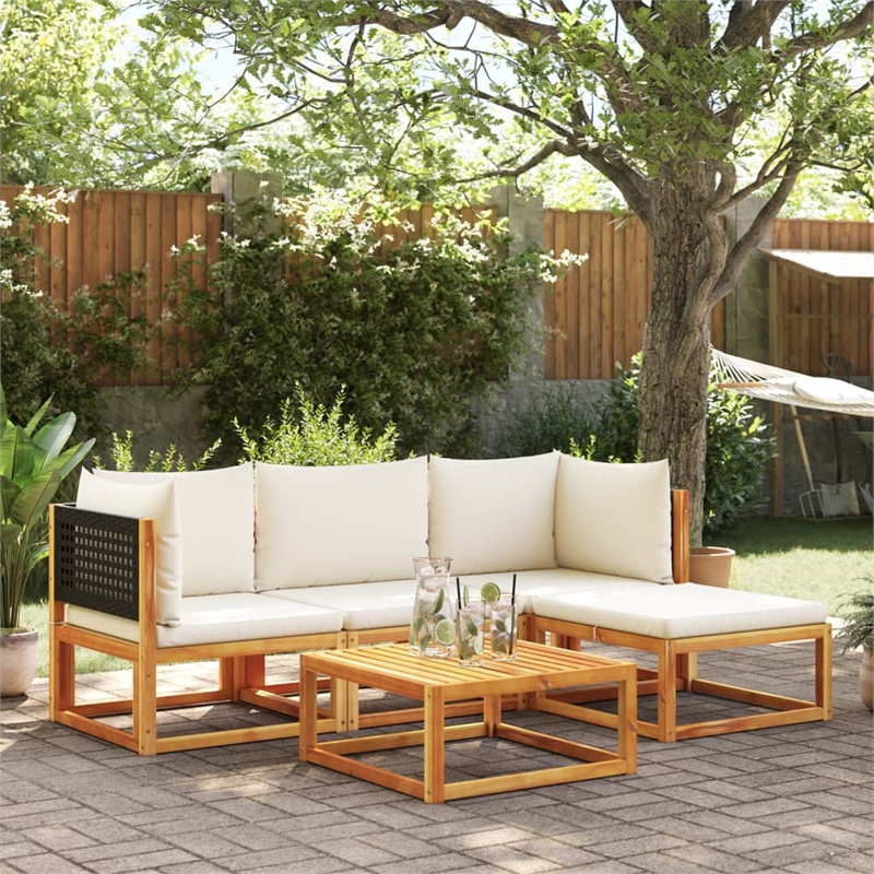 vidaXL 5 Piece Solid Acacia Wood Sofa Set in Black/White/Cream