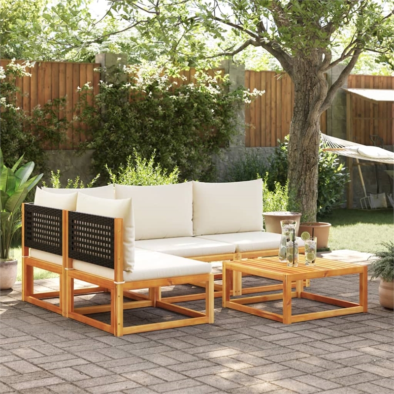 vidaXL Solid Acacia Wood Sofa Set in Black/White/Cream/Natural