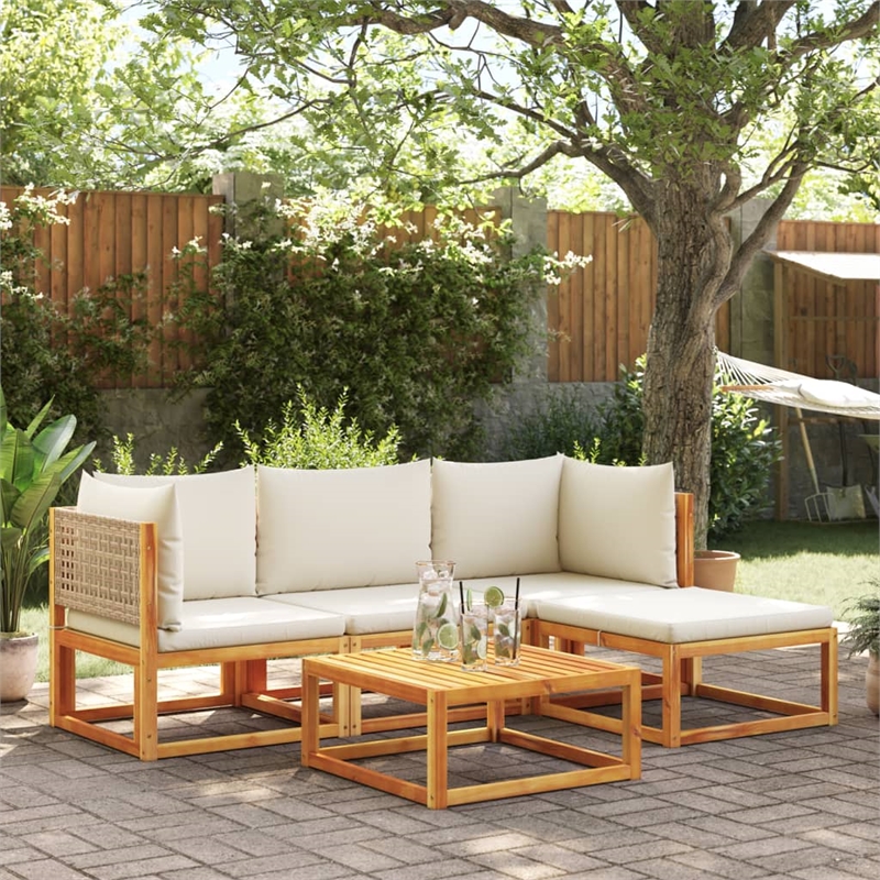 vidaXL 5 Piece Solid Acacia Wood Small Sofa Set in White/Cream/Beige