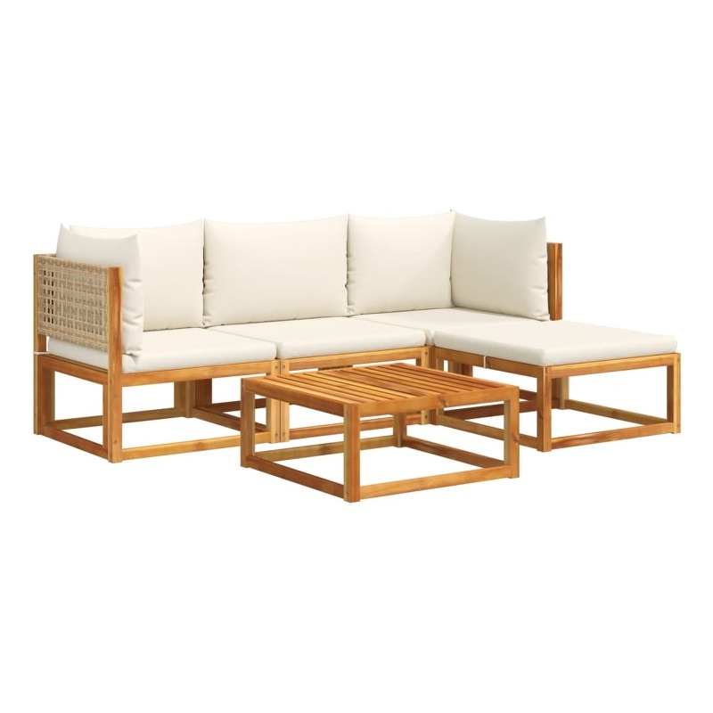vidaXL 5 Piece Solid Acacia Wood Small Sofa Set in White/Cream/Beige