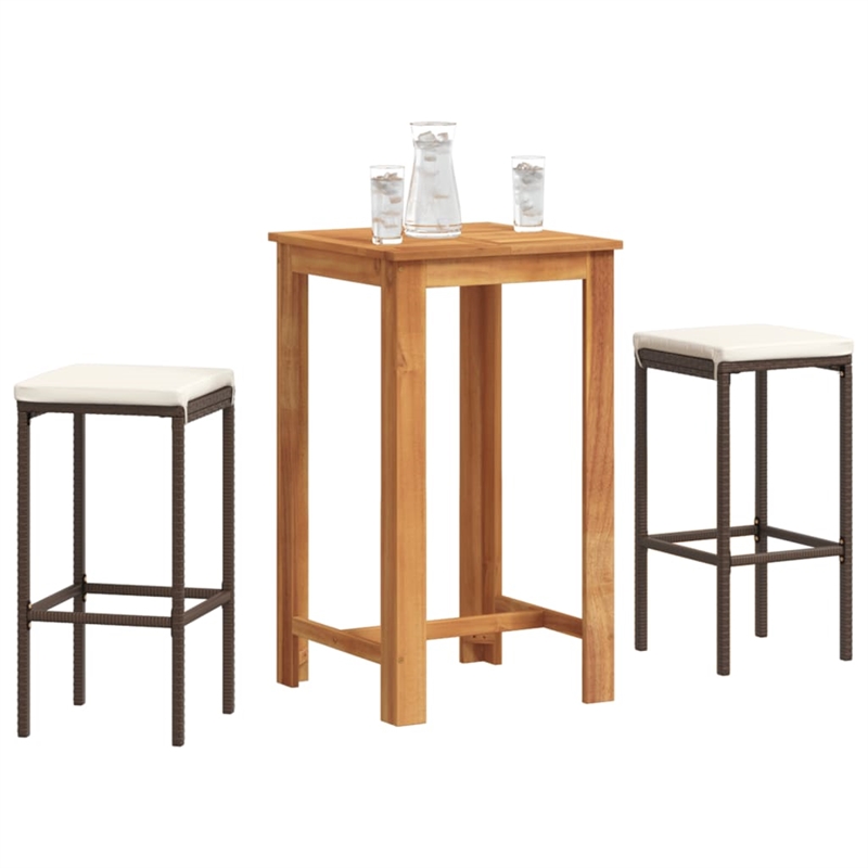 vidaXL 3 Piece Solid Acacia Wood Bar Set in White/Brown/Cream