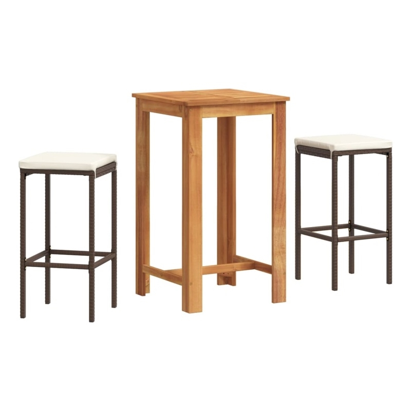 vidaXL 3 Piece Solid Acacia Wood Bar Set in White/Brown/Cream