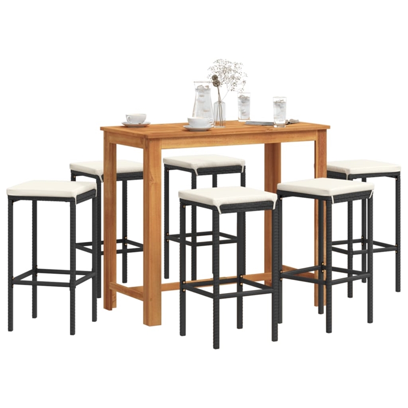 vidaXL 7 Piece Solid Acacia Wood Bar Set in Black/White/Cream