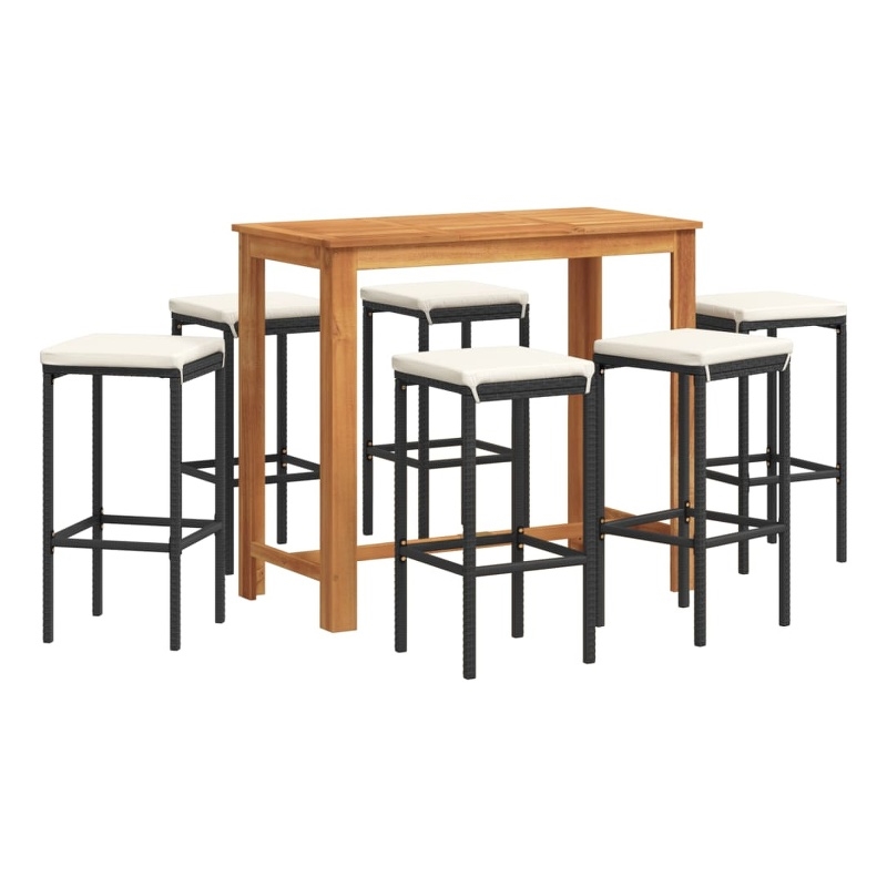 vidaXL 7 Piece Solid Acacia Wood Bar Set in Black/White/Cream