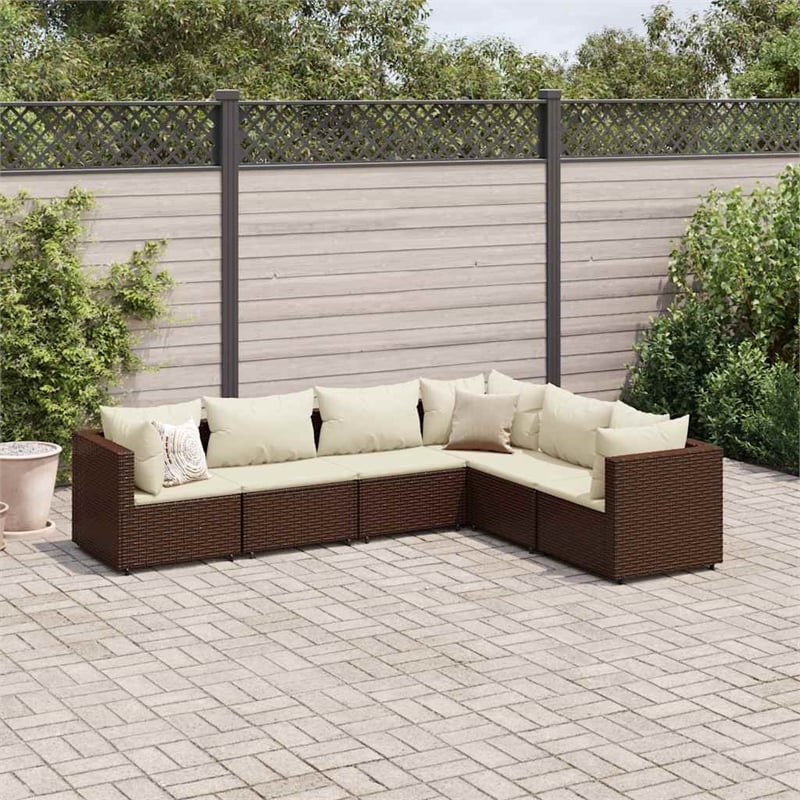 vidaXL 6 Piece Poly Rattan Small Lounge Set in White/Brown/Cream