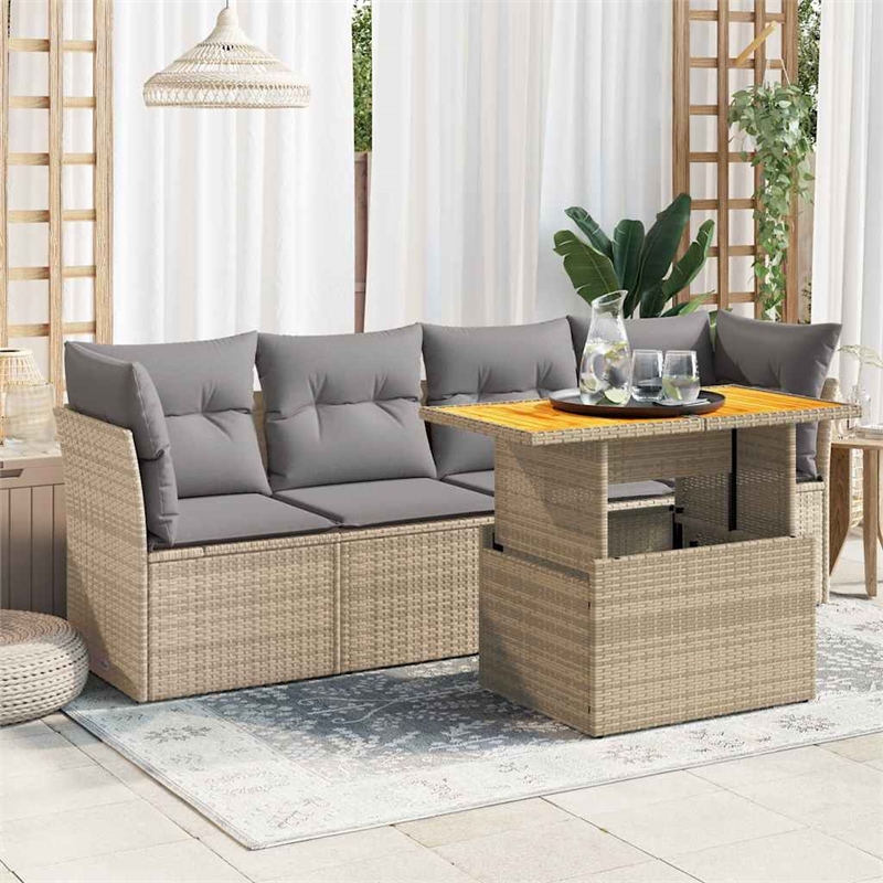 vidaXL 5 Piece Solid Acacia Wood Sofa Set in Gray/Beige