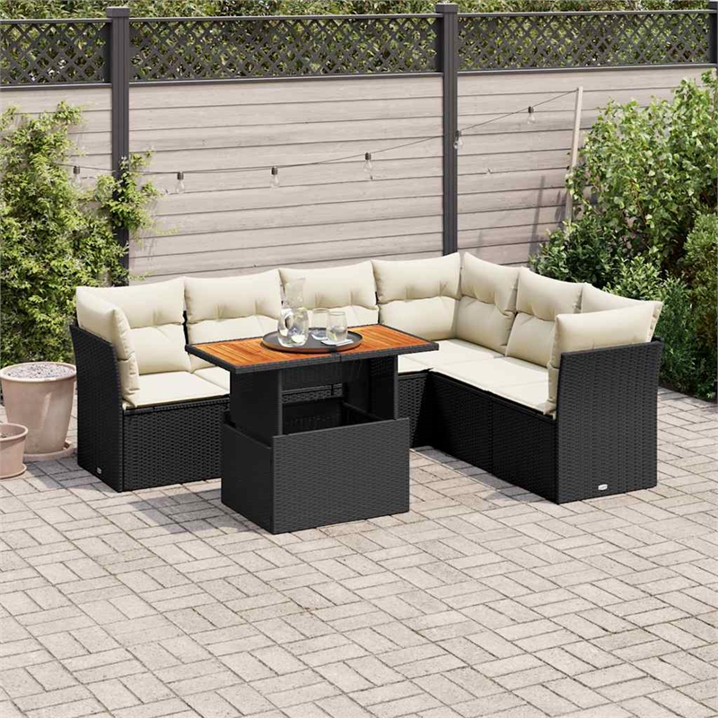 vidaXL 7 Piece Solid Acacia Wood Sofa Set in Black/White/Cream