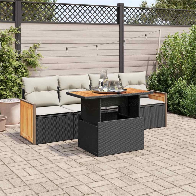 vidaXL 5 Piece Solid Acacia Wood Small Sofa Set in Black/White/Cream