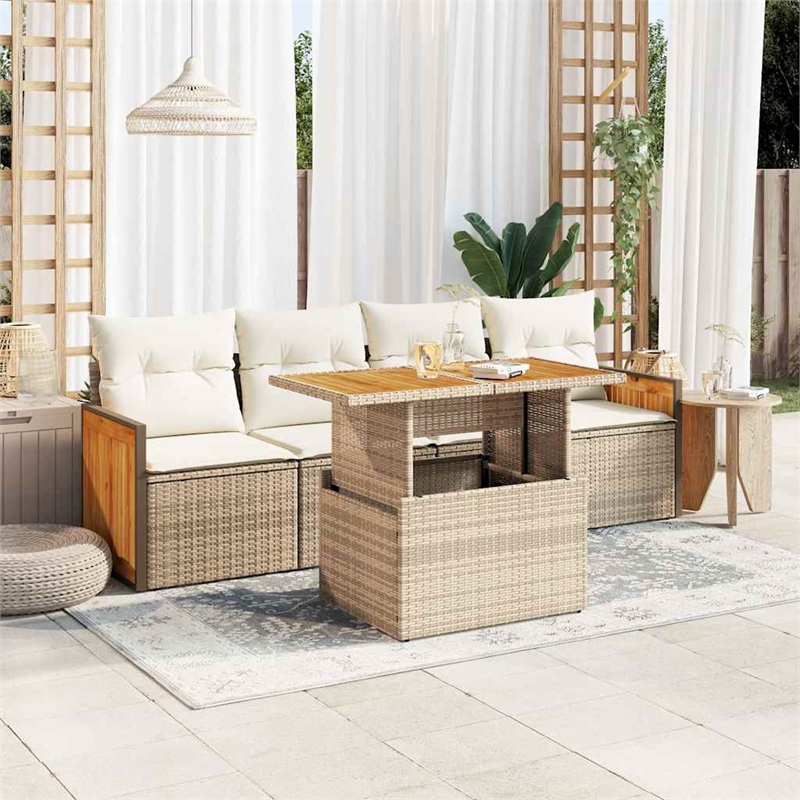 vidaXL 5 Piece Solid Acacia Wood Sofa Set in White/Cream/Beige
