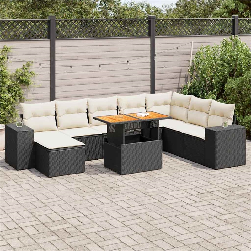 vidaXL 9 Piece Solid Acacia Wood Sofa Set in Black/Cream