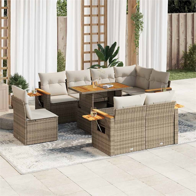 vidaXL 9 Piece Solid Acacia Wood Large Sofa Set in White/Cream/Beige