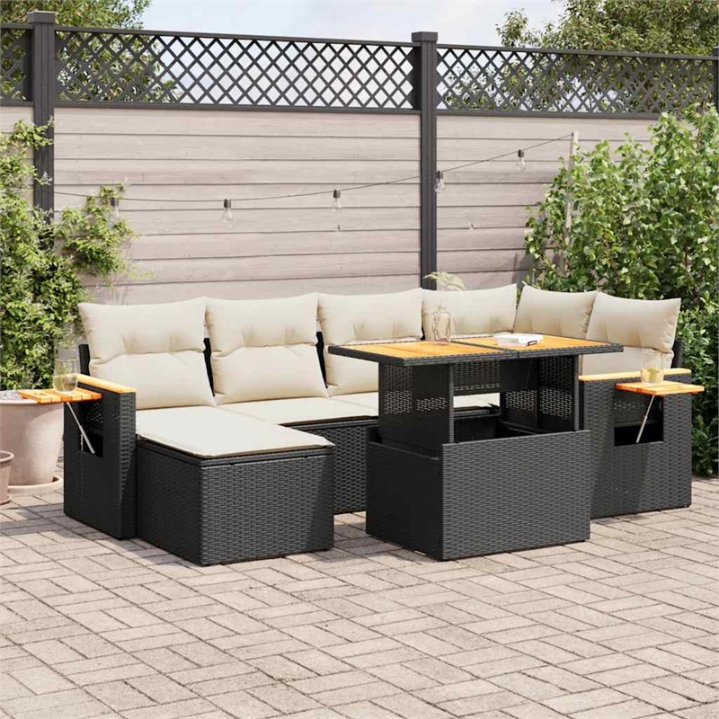 vidaXL 7 Piece Solid Acacia Wood Small Sofa Set in Black/White/Cream