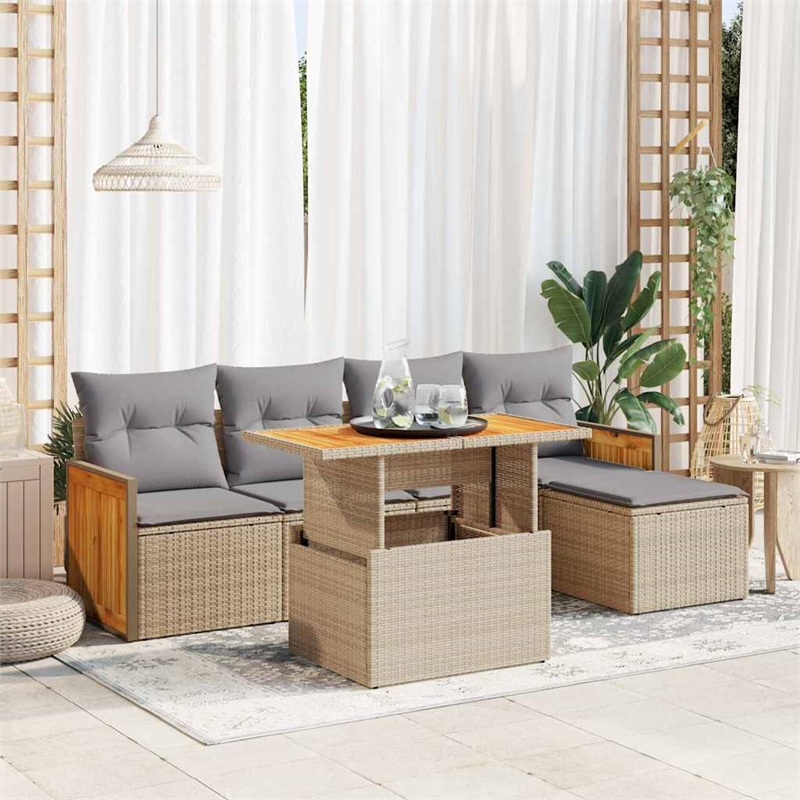 vidaXL 6 Piece Solid Acacia Wood Sofa Set in Gray/Beige