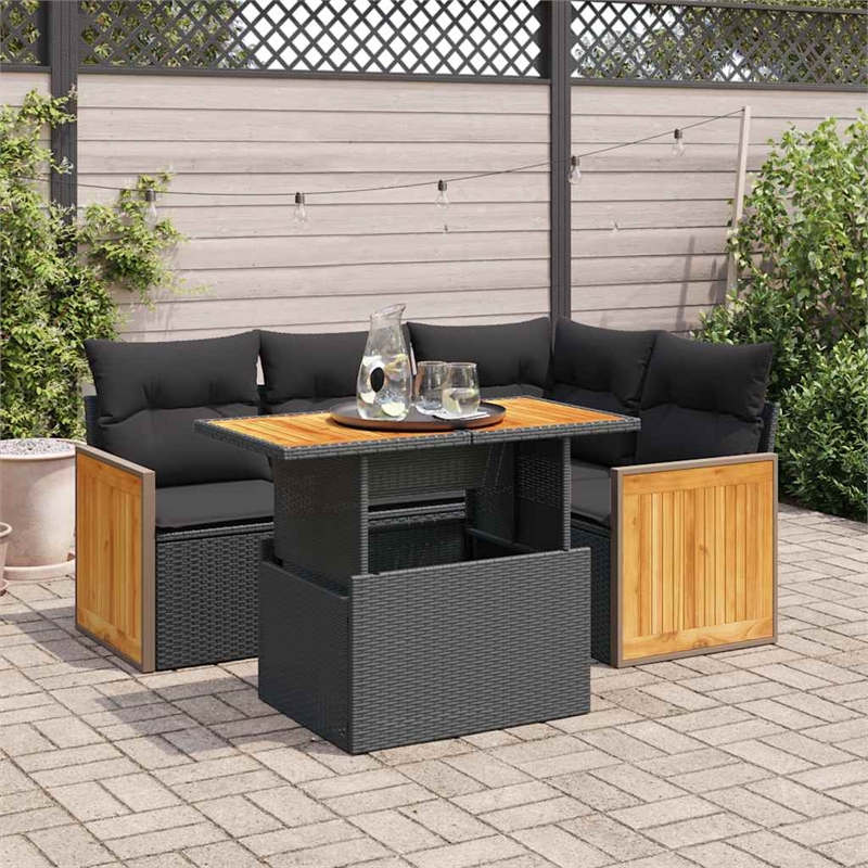 vidaXL 5 Piece Solid Acacia Wood Large Sofa Set w/ Removable Covers in Black