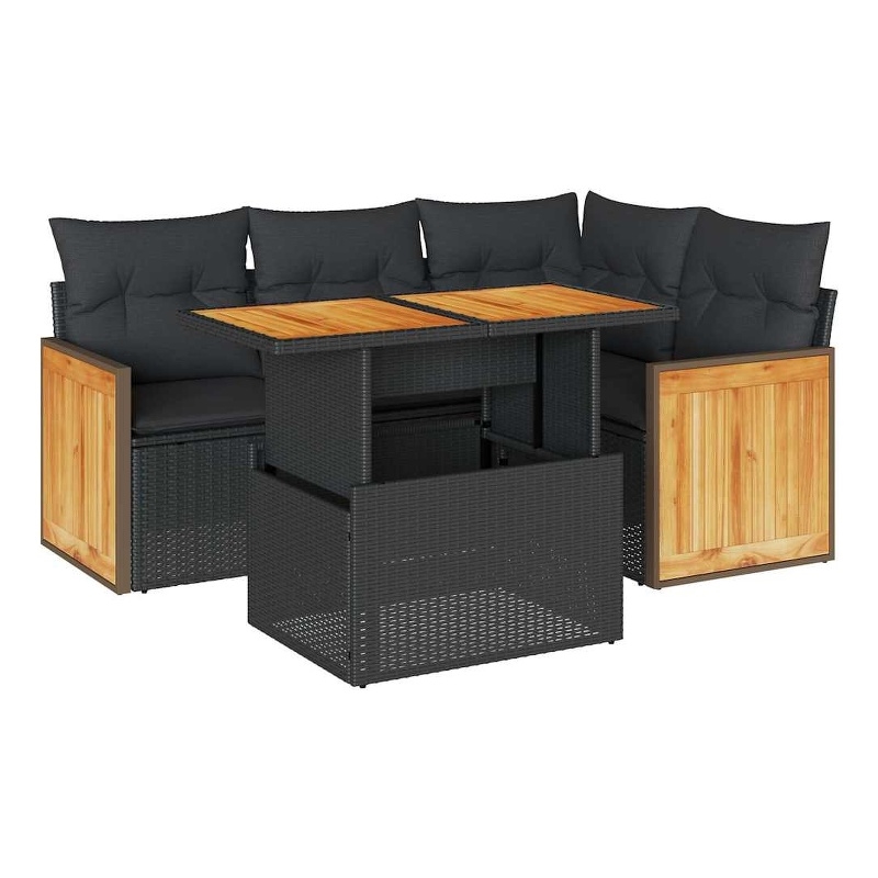 vidaXL 5 Piece Solid Acacia Wood Large Sofa Set w/ Removable Covers in Black