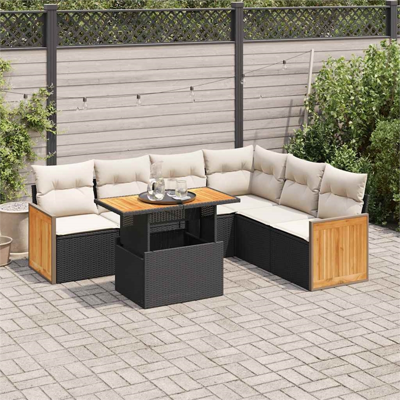 vidaXL 7 Piece Solid Acacia Wood Sofa Set in Black/White/Cream