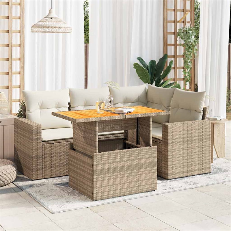 vidaXL 5 Piece Solid Acacia Wood Large Sofa Set in White/Cream/Beige
