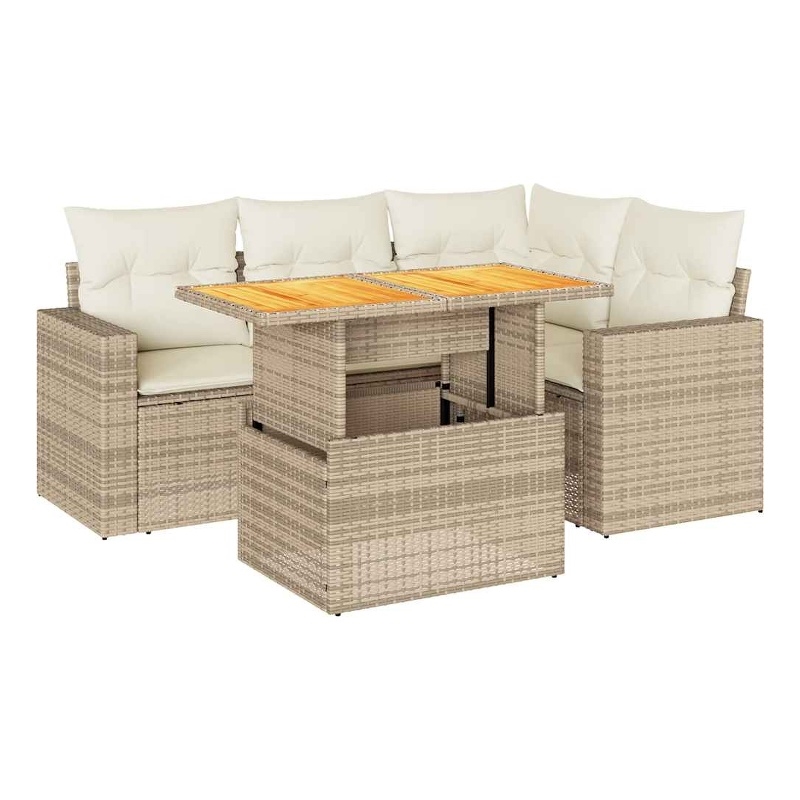 vidaXL 5 Piece Solid Acacia Wood Large Sofa Set in White/Cream/Beige