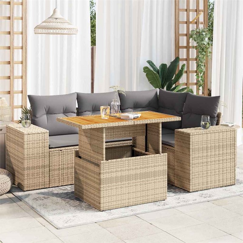 vidaXL 5 Piece Solid Acacia Wood Sofa Set in Gray/Beige