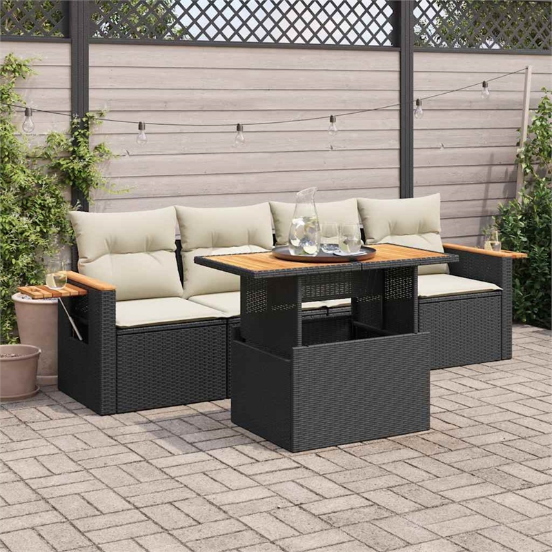 vidaXL 5 Piece Solid Acacia Wood Sofa Set in Black/White/Cream