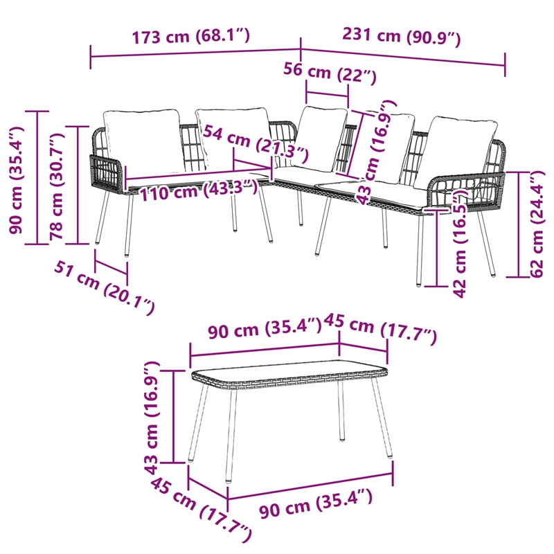 vidaXL Poly Rattan Small Sofa Set with Cushions in Black