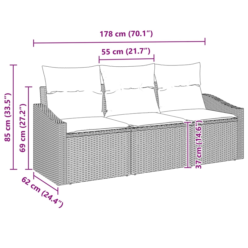 vidaXL Poly Rattan Sofa Set with Cushions in Gray