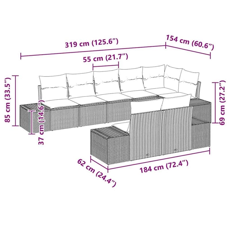 vidaXL Poly Rattan Large Sofa Set with Cushions in Black