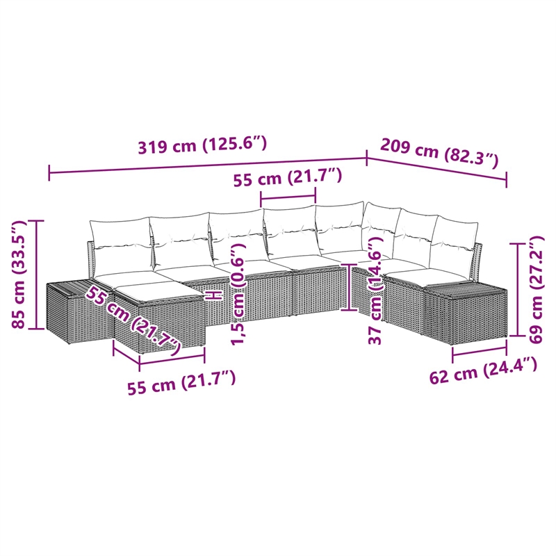 vidaXL Poly Rattan Small Sofa Set with Cushions in Black