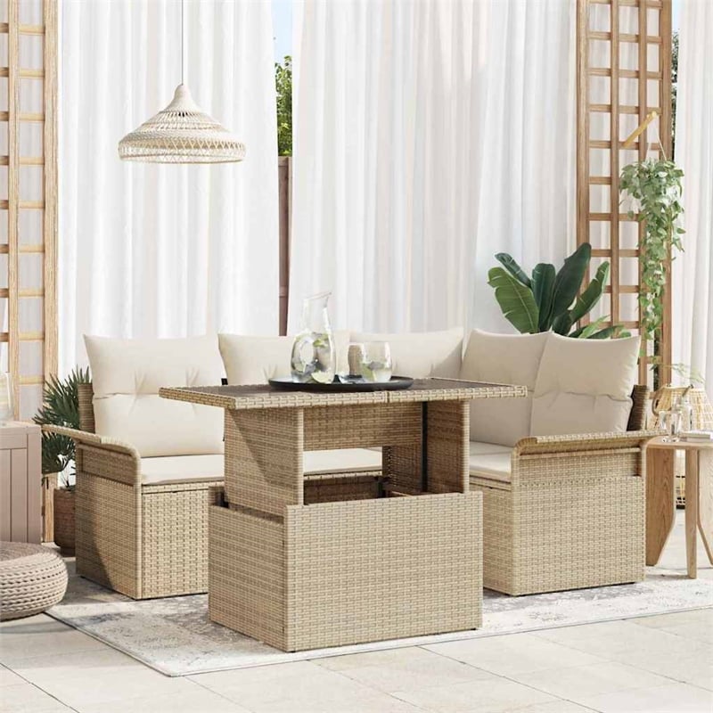 vidaXL Solid Acacia Wood Sofa Set with Cushions in Beige