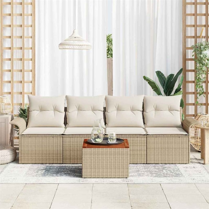 vidaXL Solid Acacia Wood Sofa Set with Cushions in Beige