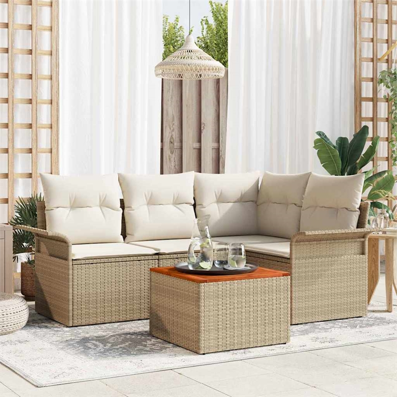 vidaXL Solid Acacia Wood Sofa Set with Cushions in Beige
