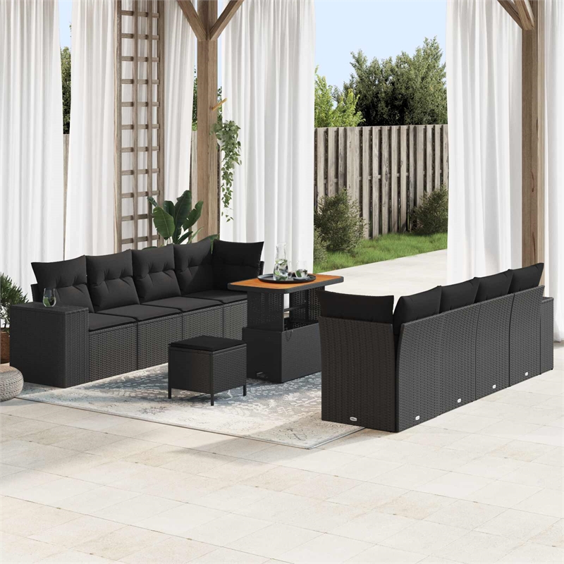 vidaXL Solid Acacia Wood Sofa Set with Cushions in Black
