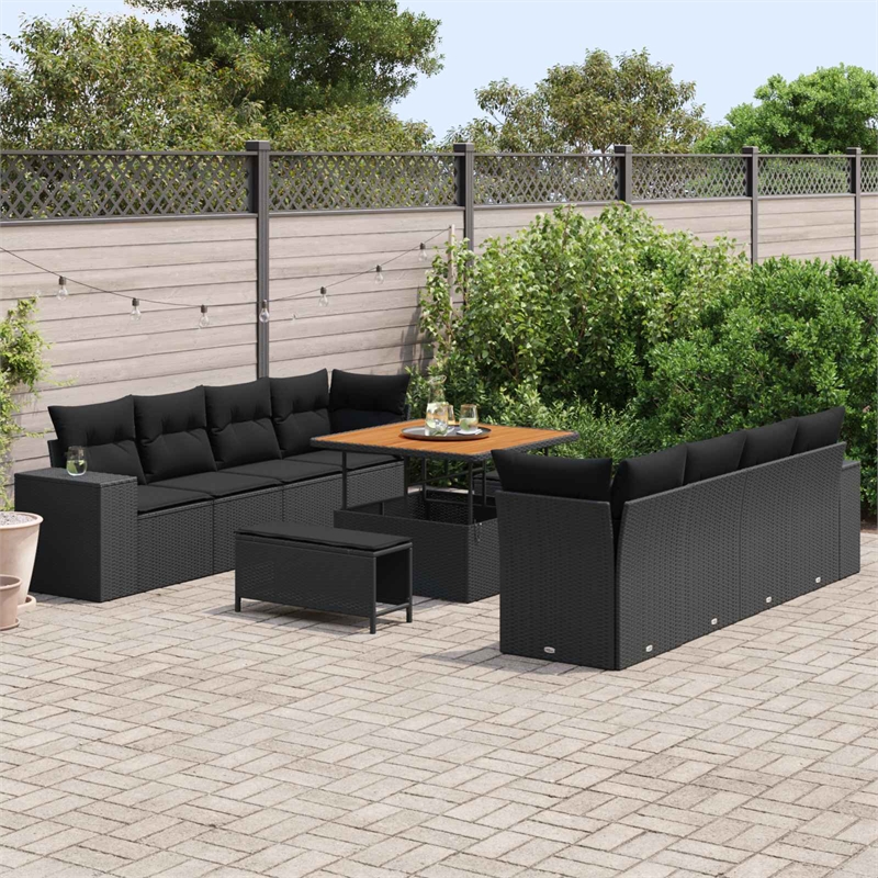vidaXL Solid Acacia Wood Sofa Set with Cushions in Black