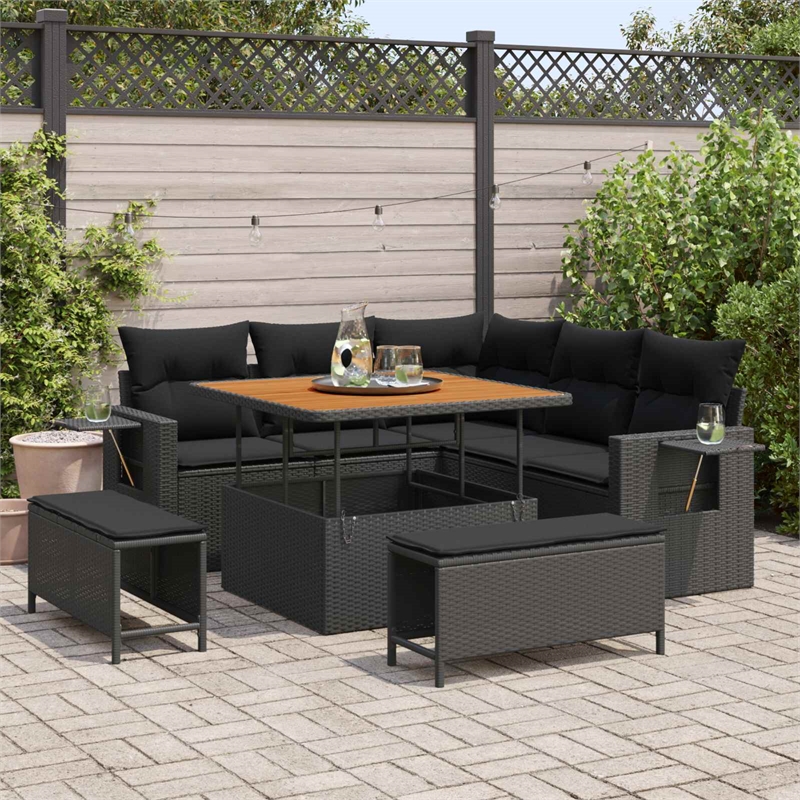 vidaXL Solid Acacia Wood Sofa Set with Cushions in Black
