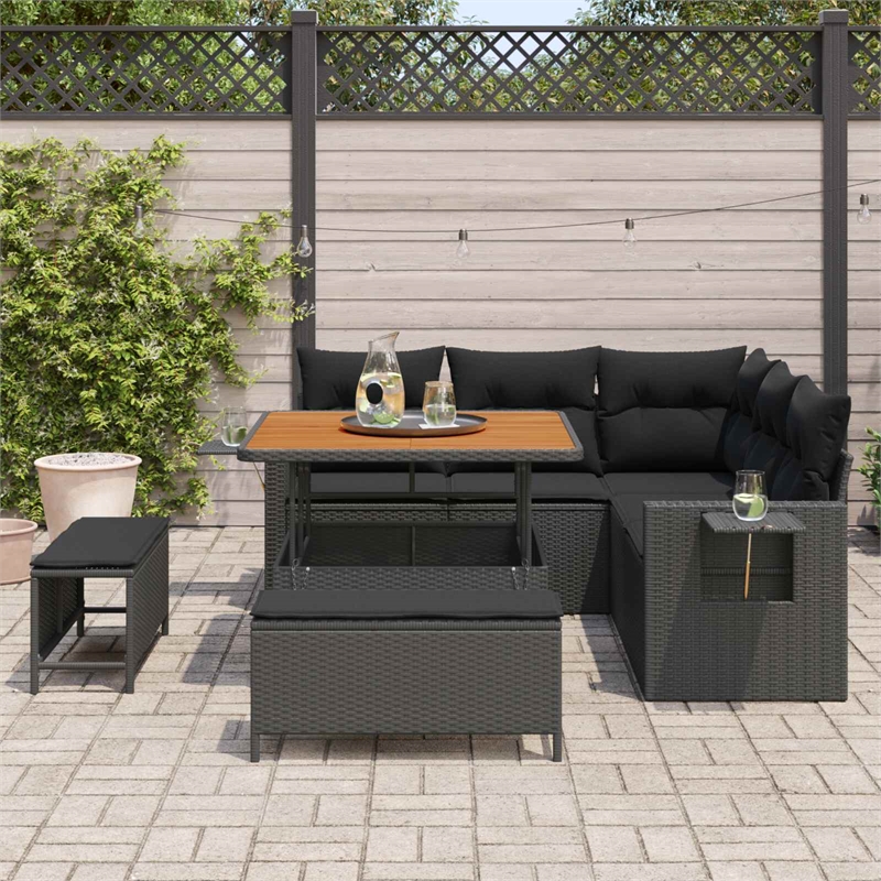 vidaXL Solid Acacia Wood Sofa Set with Cushions in Black